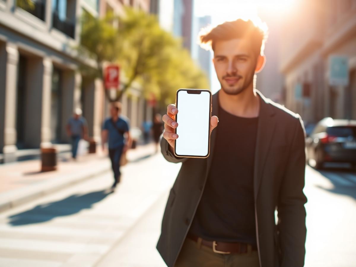 A person standing on a sunny city street holding a modern smartphone