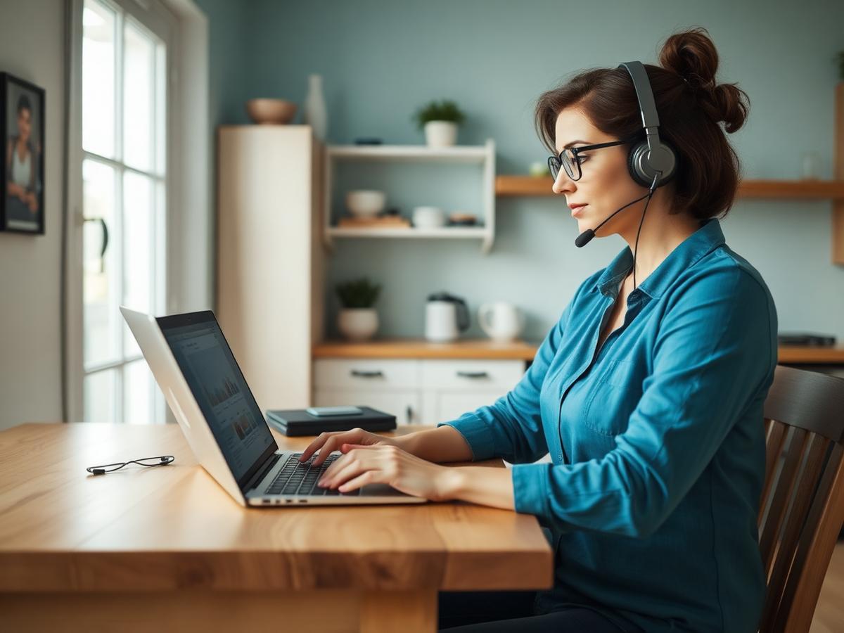 A woman working remotely with a laptop and headset at her kitchen table