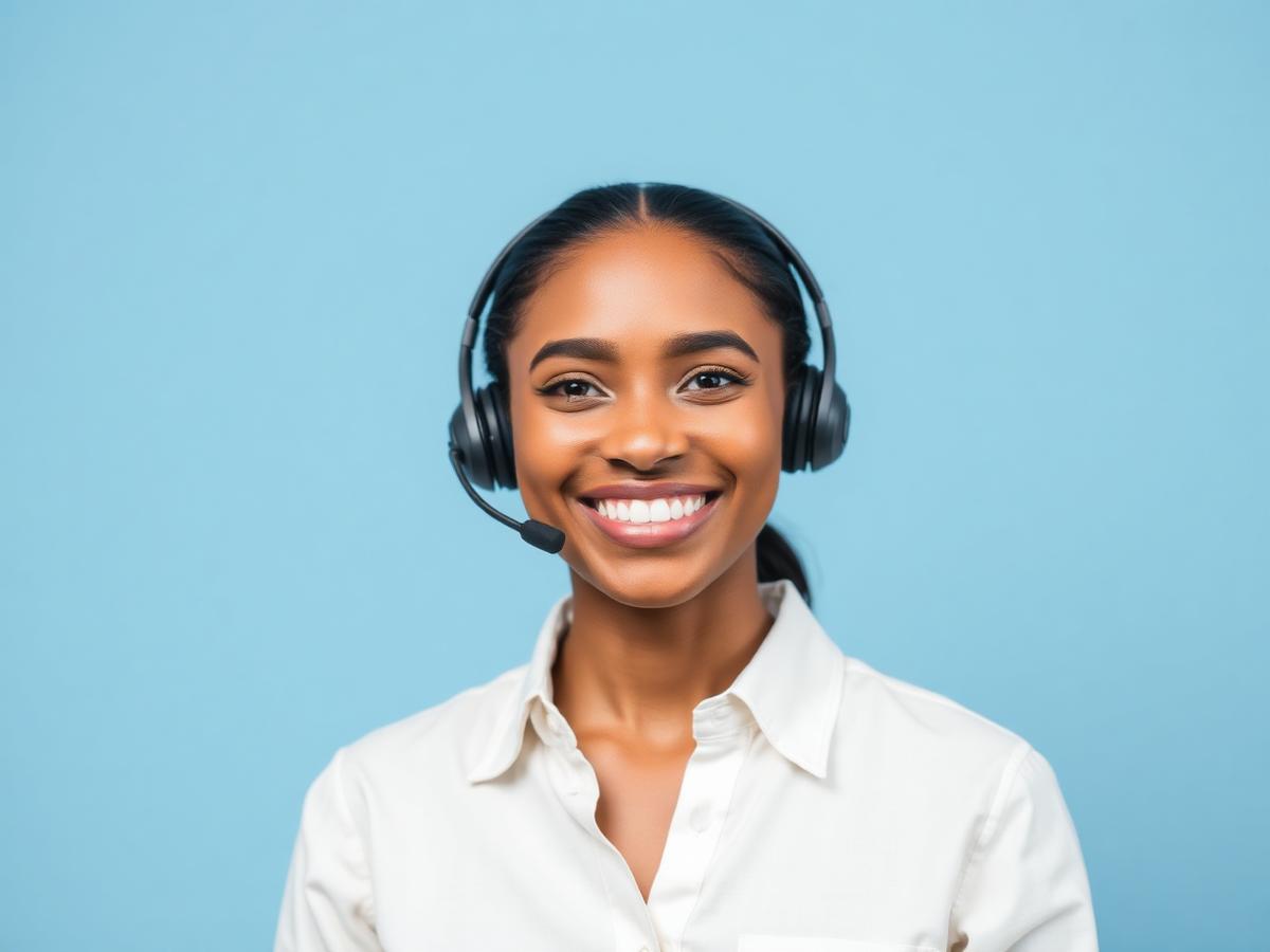 A friendly support representative wearing a headset, ready to take a customer call