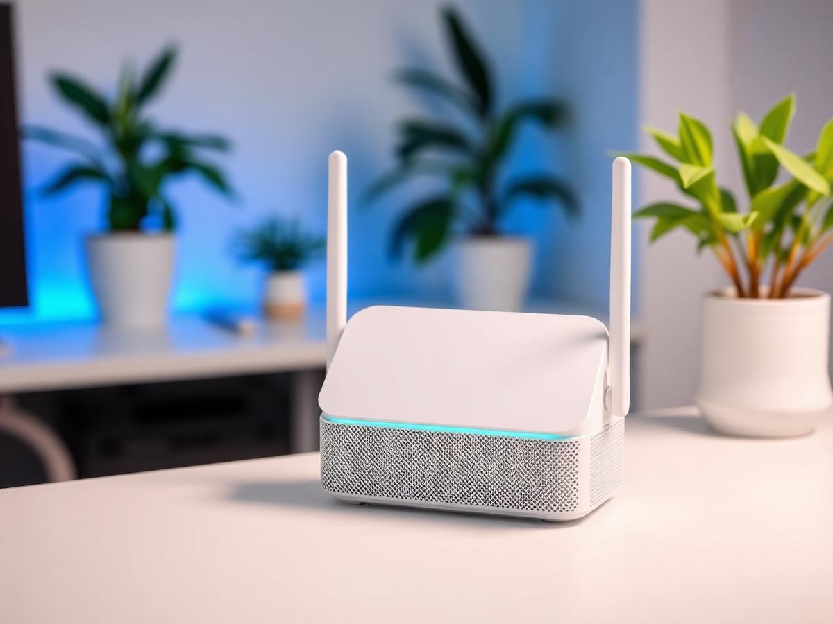 A modern unbranded WiFi router sitting on a clean desk in a bright home office